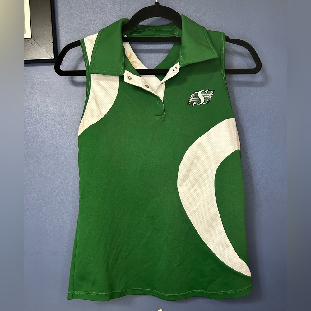 Green and White Sleeveless Saskatchewan Roughriders Polo Shirt by Firstar
